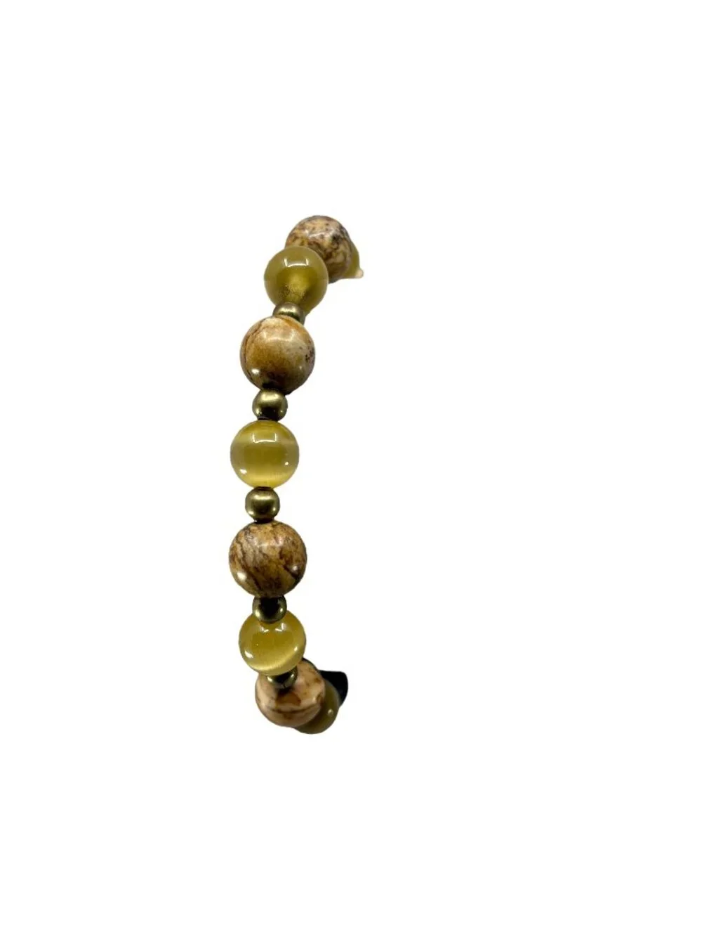 8mm Natural Yellow Cat's Eye Jasper Stretch Beaded Bracelet BronzeAlloy Talisman